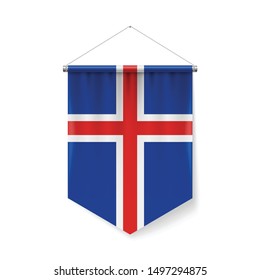 Vertical Pennant Flag of Iceland as Icon on White with Shadow Effects. Patriotic Sign in Official Color and Flower, Icelandic Flag with Metallic Poles Hanging on the Rope