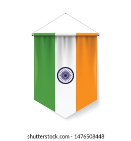 Vertical Pennant Flag of India as Icon on White with Shadow Effects. Patriotic Sign in Official Color and Flower Indian Flag with Metallic Poles Hanging on the Rope