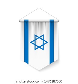 Vertical Pennant Flag of Israel as Icon on White with Shadow Effects. Patriotic Sign in Official Color and Flower Israeli Flag with Metallic Poles Hanging on the Rope