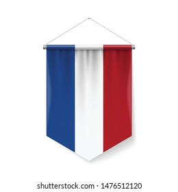 Vertical Pennant Flag of Netherlands as Icon on White with Shadow Effects. Patriotic Sign in Official Color and Flower Dutch Flag with Metallic Poles Hanging on the Rope