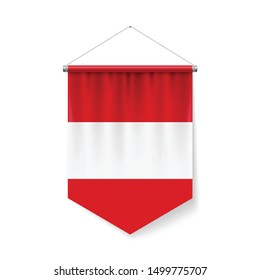 Vertical Pennant Flag of Peru as Icon on White with Shadow Effects. Patriotic Sign in Official Color and Flower, Peruvian Flag with Metallic Poles Hanging on the Rope