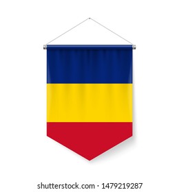 Vertical Pennant Flag of Romania as Icon on White Background with Shadow Effects. Patriotic Sign in Official Color Scheme, Romanian Flag