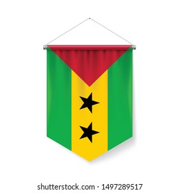 Vertical Pennant Flag of Sao Tome and Principe as Icon on White with Shadow Effects. Patriotic Sign in Official Color and Flower, Flag with Metallic Poles Hanging on the Rope design