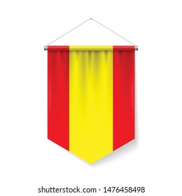 Vertical Pennant Flag of Spain as Icon on White with Shadow Effects. Patriotic Sign in Official Color and Flower Spanish Flag with Metallic Poles Hanging on the Rope