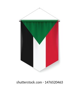 Vertical Pennant Flag of Sudan as Icon on White with Shadow Effects. Patriotic Sign in Official Color and Flower Sudanese Flag with Metallic Poles Hanging on the Rope