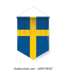 Vertical Pennant Flag of Sweden as Icon on White with Shadow Effects. Patriotic Sign in Official Color and Flower, Swedish Flag with Metallic Poles Hanging on the Rope