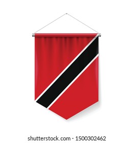 Vertical Pennant Flag of Trinidad and Tobago as Icon on White with Shadow Effects. Patriotic Sign in Official Color and Flower, Flag with Metallic Poles Hanging on the Rope colors