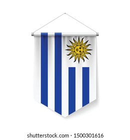 Vertical Pennant Flag of Uruguay as Icon on White with Shadow Effects. Patriotic Sign in Official Color and Flower, Uruguayan Flag with Metallic Poles Hanging on the Rope