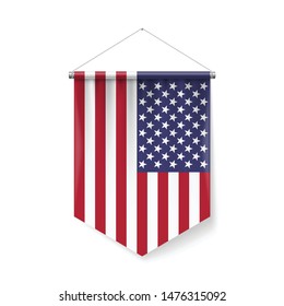 Vertical Pennant Flag of USA as Icon on White with Shadow Effects. Patriotic Sign in Official Color and Flower American Flag with Metallic Poles Hanging on the Rope
