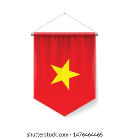 Vertical Pennant Flag of Vietnam as Icon on White with Shadow Effects. Patriotic Sign in Official Color and Flower Vietnam Flag with Metallic Poles Hanging on the Rope