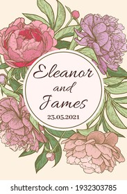 Vertical peony flower frame. An invitation template for a wedding, anniversary or holiday. Hand drawn vector illustration.