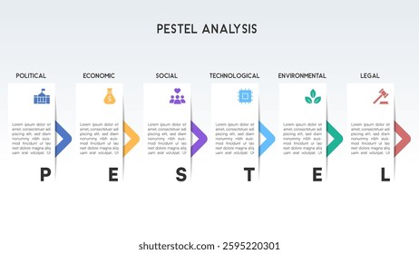 Vertical PESTEL Analysis Infographic with Directional Arrows and Minimalist Icons Vector Illustration