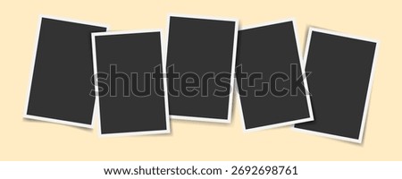 Vertical photo frame layout. Scattered five picture frame template. Blank retro photo display. Portrait photo placeholder design. Overlapped Print card mockup