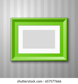 Vertical Photo frame with paper passepartout for picture hanging on wall with striped wallpaper background. Wood picture frame