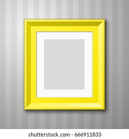 Vertical Photo frame with paper passepartout for picture hanging on wall with striped wallpaper background. Wood picture frame