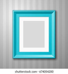 Vertical Photo frame with paper passepartout for picture hanging on wall with striped wallpaper background. Wood picture frame