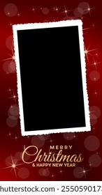 Vertical photo frame wishing merry christmas and happy new year on red background with sparkles and bokeh.  Vector template with picture to insert for smartphone