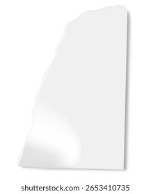 La pieza de Vertical de papel blanco en blanco con bordes rasgados que proyectan una sombra se aísla sobre un fondo blanco, proporcionando espacio de copia para texto o Elementos de diseño