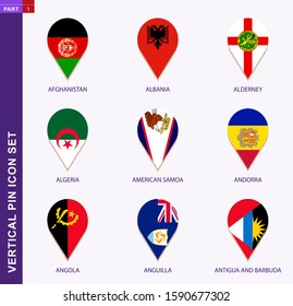 Vertical pin icon set, 9 country flag: Afghanistan, Albania, Alderney, Algeria, American Samoa, Andorra, Angola, Anguilla, Antigua and Barbuda