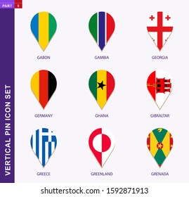 Vertical pin icon set, 9 country flag: Gabon, Gambia, Georgia, Germany, Ghana, Gibraltar, Greece, Greenland, Grenada