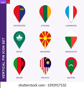 Vertical pin icon set, 9 country flag: Liechtenstein, Lithuania, Luxembourg, Macau, Macedonia, Madagascar, Malawi, Malaysia, Maldives