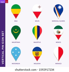 Vertical pin icon set, 9 country flag: Mali, Malta, Marshall Islands, Mauritania, Mauritius, Mexico, Micronesia, Moldova, Monaco