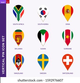 Vertical pin icon set, 9 country flag: South Africa, South Korea, Spain, Sri Lanka, Sudan, Suriname, Swaziland, Sweden, Switzerland