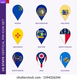 Vertical pin icon set, 9 US staes flag: Nevada, New Hampshire, New Jersey, New Mexico, New York, North Carolina, North Dakota, Ohio, Oklahoma