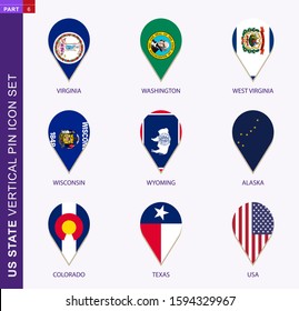 Vertical pin icon set, 9 US staes flag: Virginia, Washington, West Virginia, Wisconsin, Wyoming, Alaska, Colorado, Texas, USA