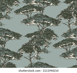 Vertical Pine Trees High End Seamless Pattern, Hand Drawn Etched Toile Landscape Print, Wallpaper Design Safari Savannah Nature Illustration on Blue Background