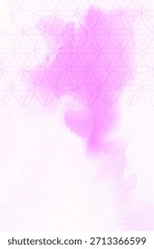 Vertical pink background combining watercolor textures with the Flower of Life geometric grid and faint mandala patterns. Vector illustration for stories, flyers, or spiritual designs.