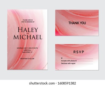 Vertical pink marble poster, soft pink liquid flow with golden decoration, sparkles. Modern abstract wedding decoration, RSVP paint ink graphics, thank you card.