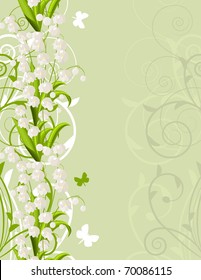 Vertical pink spring background with tulips and flourishes