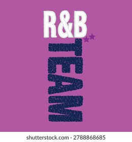 Vertical pink typography design featuring the text R and B Team with a stitched embroidery and chenille patch effect. Perfect for Y2K style t-shirt prints, varsity athletic apparel, and streetwear.