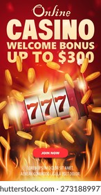 Vertikal rosa Web-Banner für Online-Casino mit einem Spielautomaten und Willkommensbonus-Zeichen. Der Spielautomat hat sieben Walzen und ist von Goldmünzen umgeben