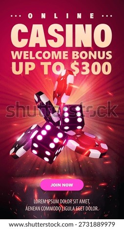Vertical pink web banner for online casino with dice and chips, and welcome bonus. The banner is colorful and has a bright, energetic feel to it
