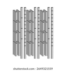 Vertical pipe arrangement. Abstract tubular forms. Metallic silver gradient. Vector industrial elements.