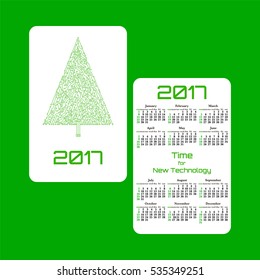 Vertical pocket calendar for 2017 year. Week starts Sunday. Double-sided calendar for 2017 year. Yearly calendar template with text 2017, circuit board Christmas tree and text Time for new technology