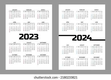 Vertical pocket calendar on 2023 and 2024 year. Vector template calendar for business on white background. Week starts from Sunday. 