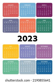 Vertikaler Taschenkalender für 2023 Jahr, Farbquadrat.  auf weißem Hintergrund. Die Woche beginnt am Sonntag. Vektor Taschenkalender auf 2023.