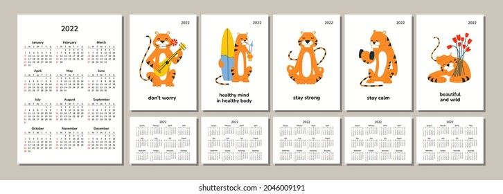 Vertical pocket calendars 2022. Happy New Year 2022. Merry Christmas. Tiger year. Chinese horoscope. Isolated vector illustrations. Motivational quotes. Week starts on Sunday.