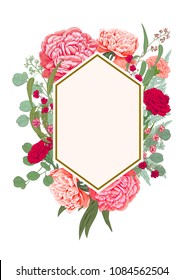 Vertical polygon card with bouquet of red, pink flowers and greenery: carnation, peony, leaves fern, eucalyptus on white background, hand draw engraving vintage sketch style, botanical vector