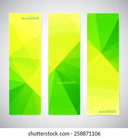 Vertical Polygonal Set  of Banners in green and yellow Backgrounds. Modern Vector Illustration