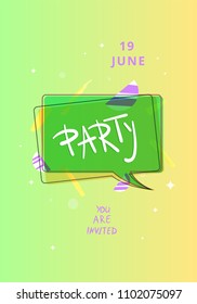 Vertical Pool Party banner with speech bubble and random abstract shapes. Template for holiday summer flyer design. Vector illustration.