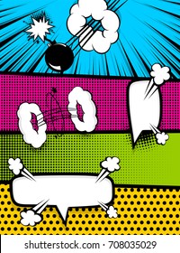 Vertical pop art comics book magazine cover template. Cartoon funny vintage strip comic superhero text, speech bubble, balloon, box message, burst bomb. Vector halftone illustration. Blank graphic.