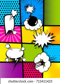 Vertical pop art comics book magazine cover template. Cartoon funny vintage strip comic superhero text, speech bubble, balloon, box message, burst bomb. Vector halftone illustration. Blank graphic.