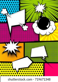 Vertical pop art comics book magazine cover template. Cartoon funny vintage strip comic superhero text, speech bubble, balloon, box message, burst bomb. Vector halftone illustration. Blank graphic.