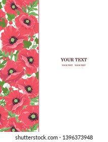 Vertical poppy pattern on white and space for text. Flowers of red poppy with leaves and berries. Card with field flowers design for greetings invitations templates banners brochures etc. Vector