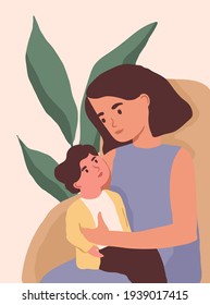 Vertical portrait of mother and little child looking at each other. Mom with baby on her knees. Colored flat vector illustration of incomplete family with young mom and son