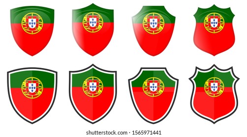 Vertical Portugal flag in shield shape, four 3d and simple versions. Portuguese icon / sign